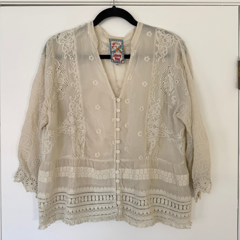 Johnny Was $275 Polyvore Juniper Blouse Ivory Embroidered Boho Blouse Medium - Picture 2 of 9